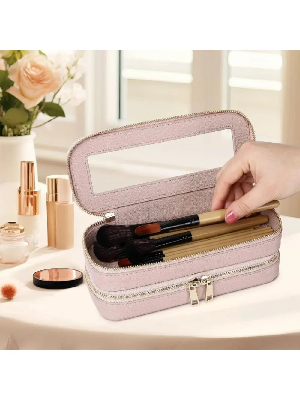 Stylish Pink Double Layer Makeup Bag | Waterproof Travel Cosmetic Organizer